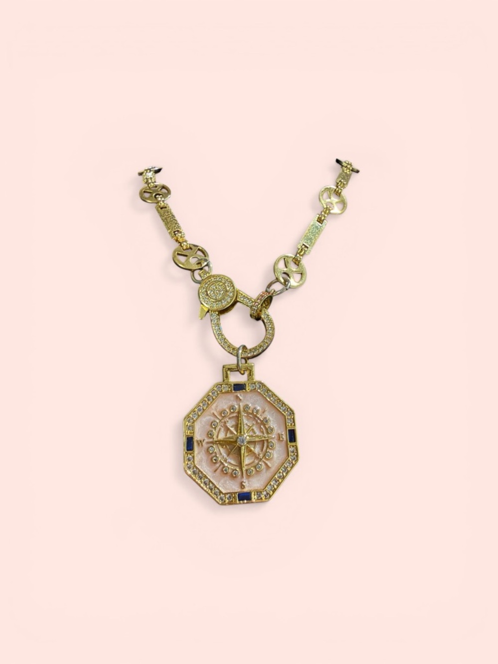 Gold plated Compass Charm Pendant Necklace - Gold with Blue Accents